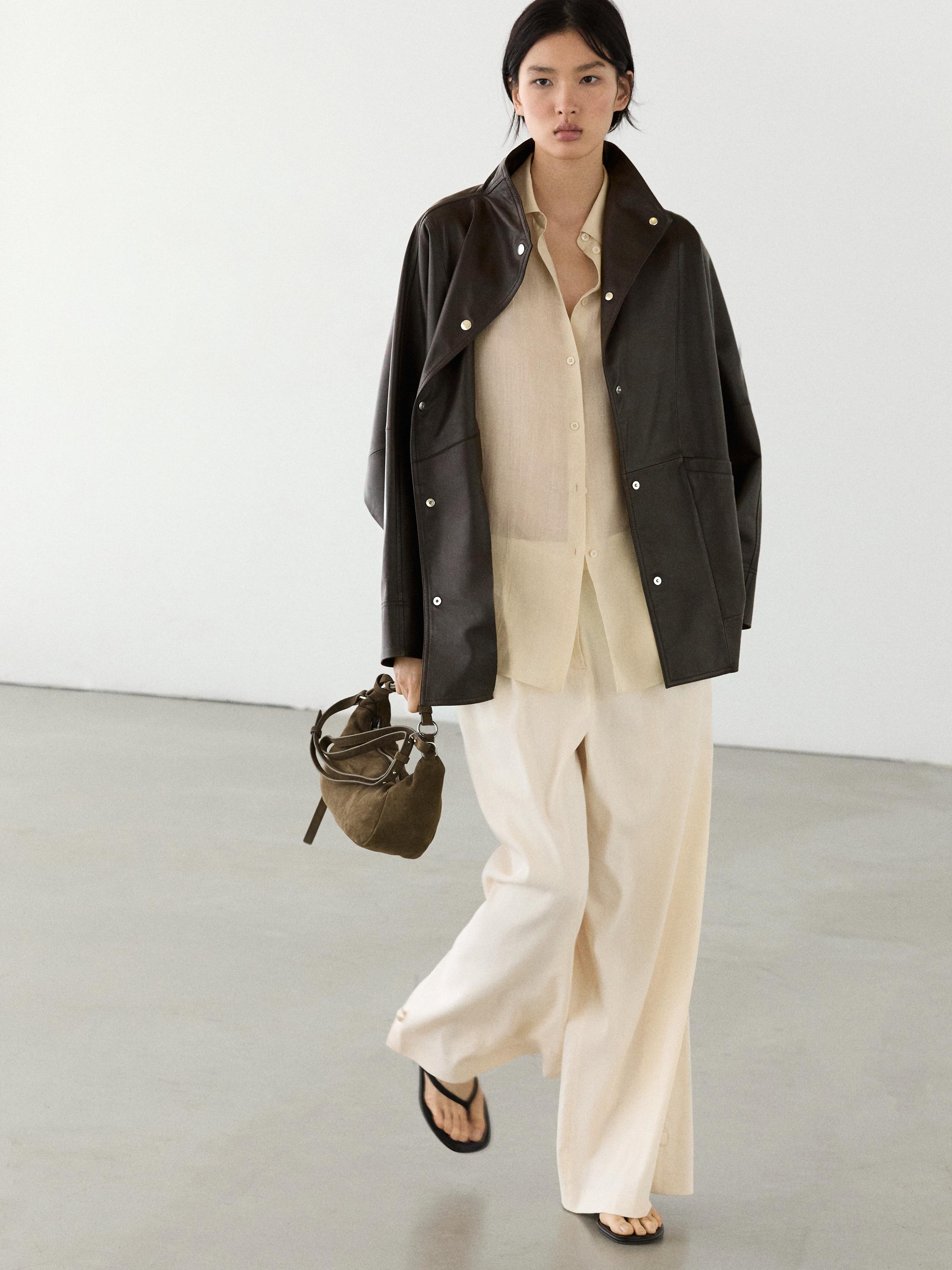 Nappa leather cape parka with pockets